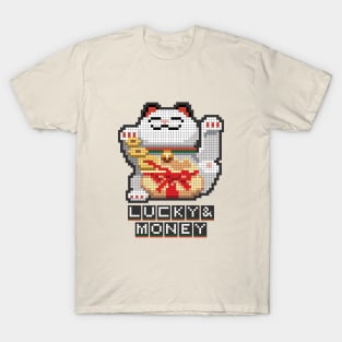 Maneki Neko Lucky & Money Japanese chubby white cat pixel art T-Shirt